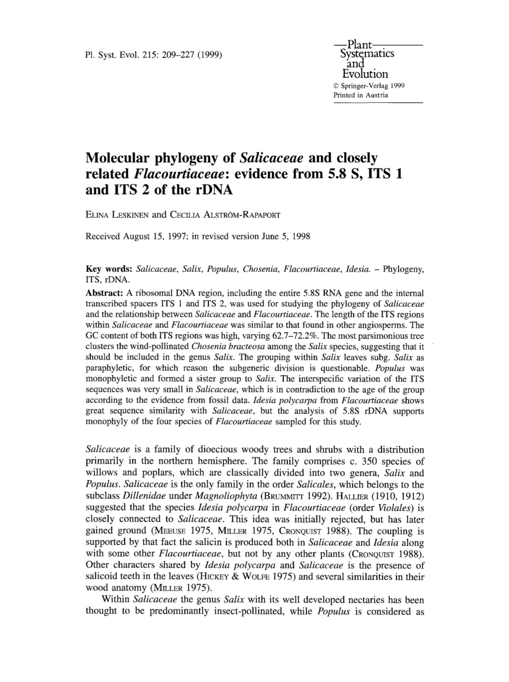 Molecular Phylogeny of &lt;Emphasis Type="Italic"&gt;Salicaceae