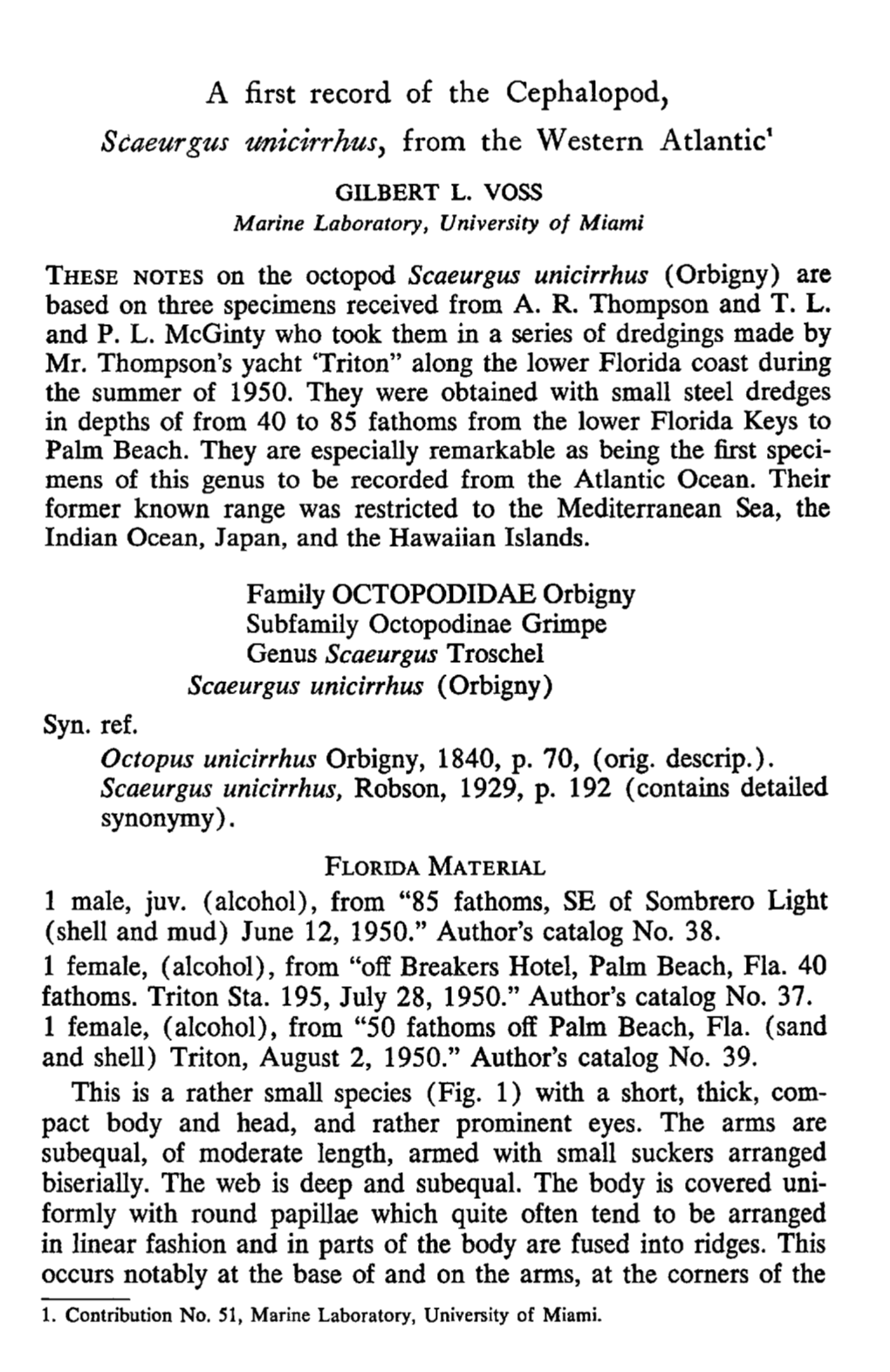 A First Record of the Cephalopod, &lt;I&gt;Scaeurgus Unicirrhus&lt;/I&gt;