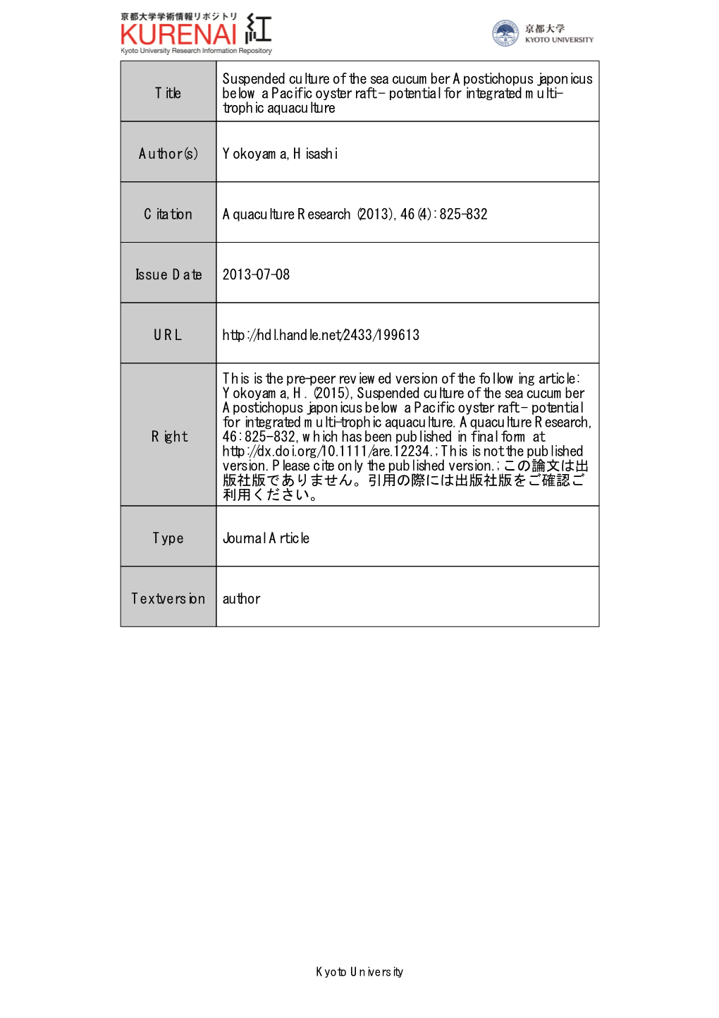 Suspended Culture of the Sea Cucumber Apostichopus Japonicus Title ...