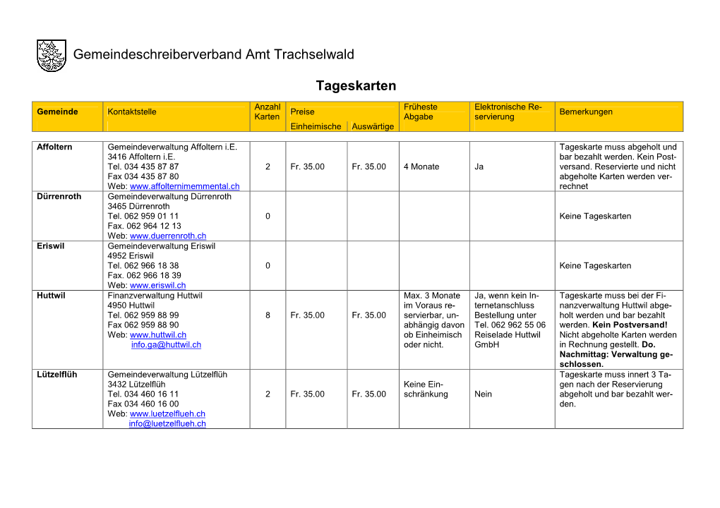 Gemeindeschreiberverband Amt Trachselwald Tageskarten