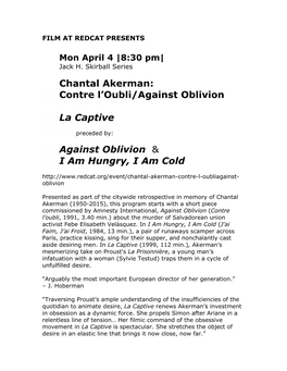 Chantal Akerman: Contre L’Oubli/Against Oblivion