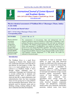 Physico-Chemical Assessment of Waldhuni River Ulhasnagar (Thane, India): a Case Study D.S