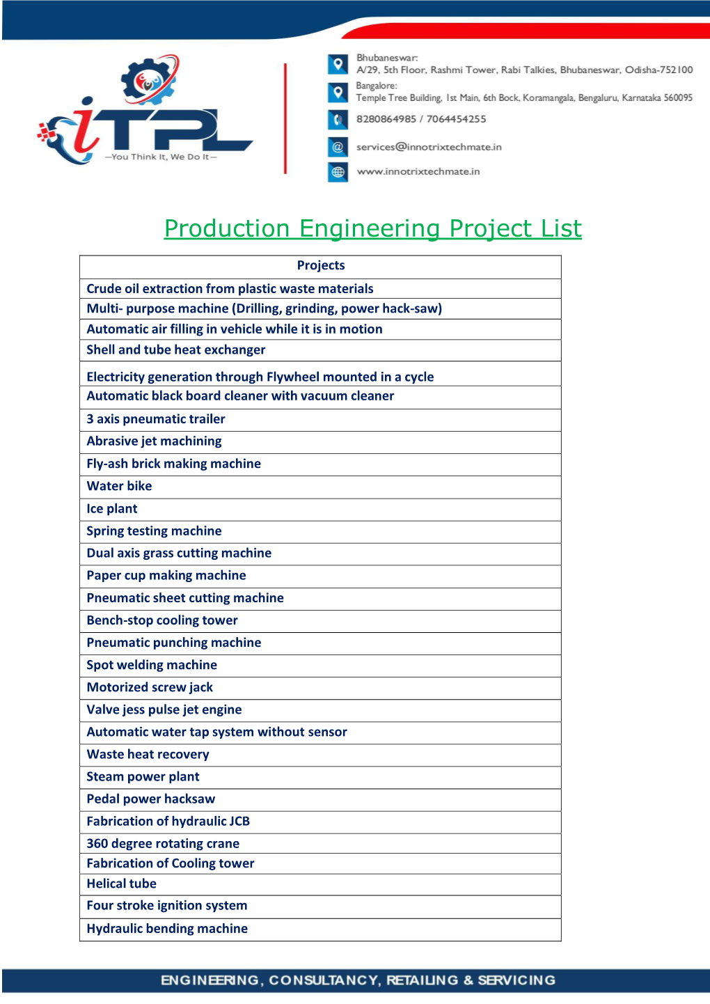 Production Engineering Project List