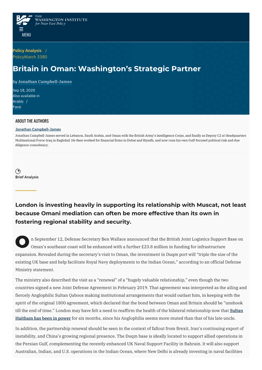 Britain in Oman: Washington’S Strategic Partner by Jonathan Campbell-James