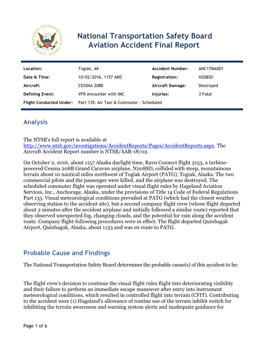 National Transportation Safety Board Aviation Accident Final Report