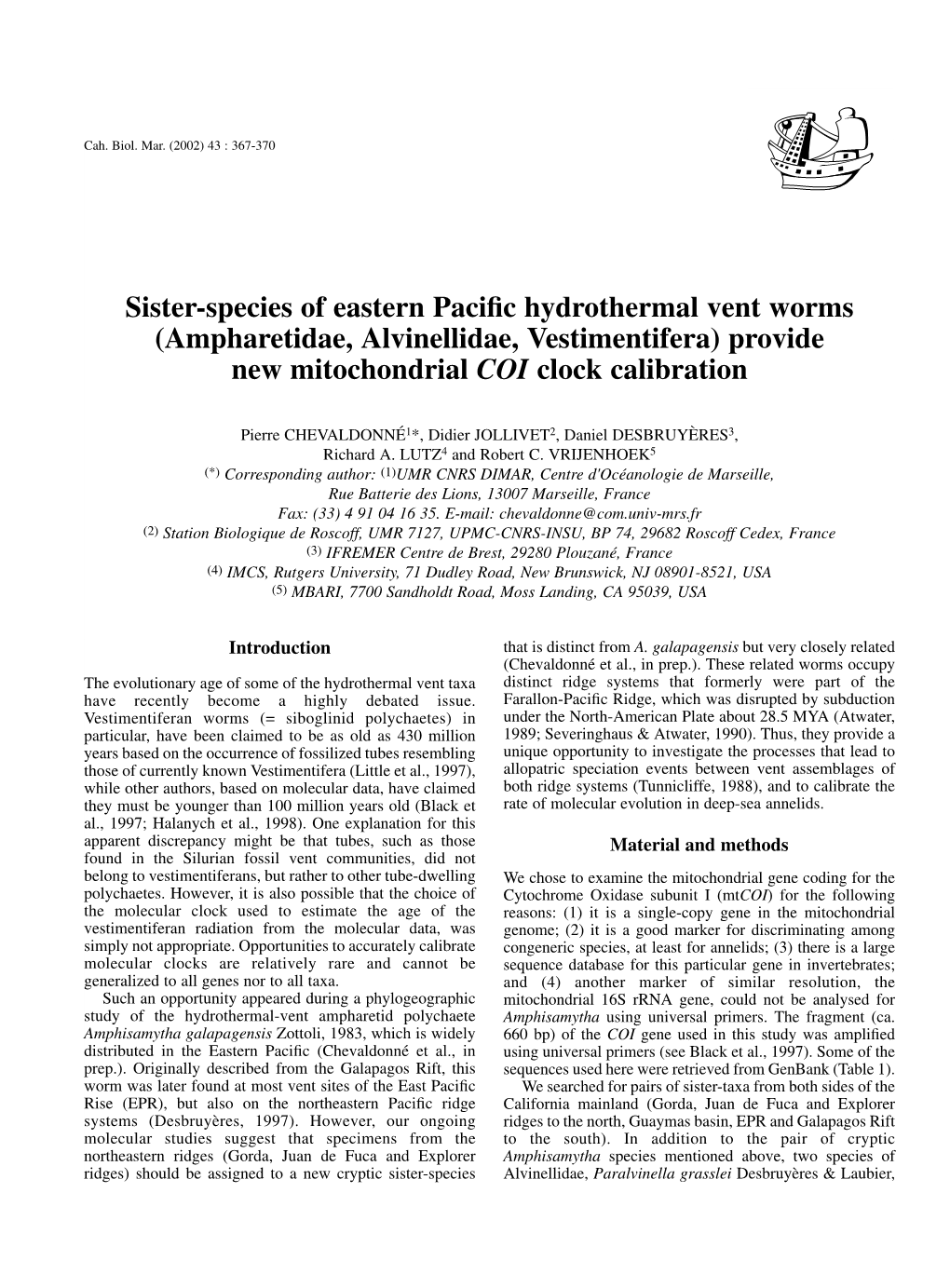 Ampharetidae, Alvinellidae, Vestimentifera) Provide New Mitochondrial COI Clock Calibration
