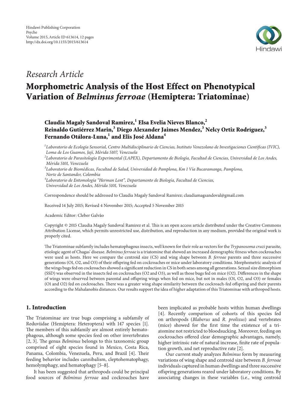 Morphometric Analysis of the Host Effect on Phenotypical Variation of Belminus Ferroae (Hemiptera: Triatominae)