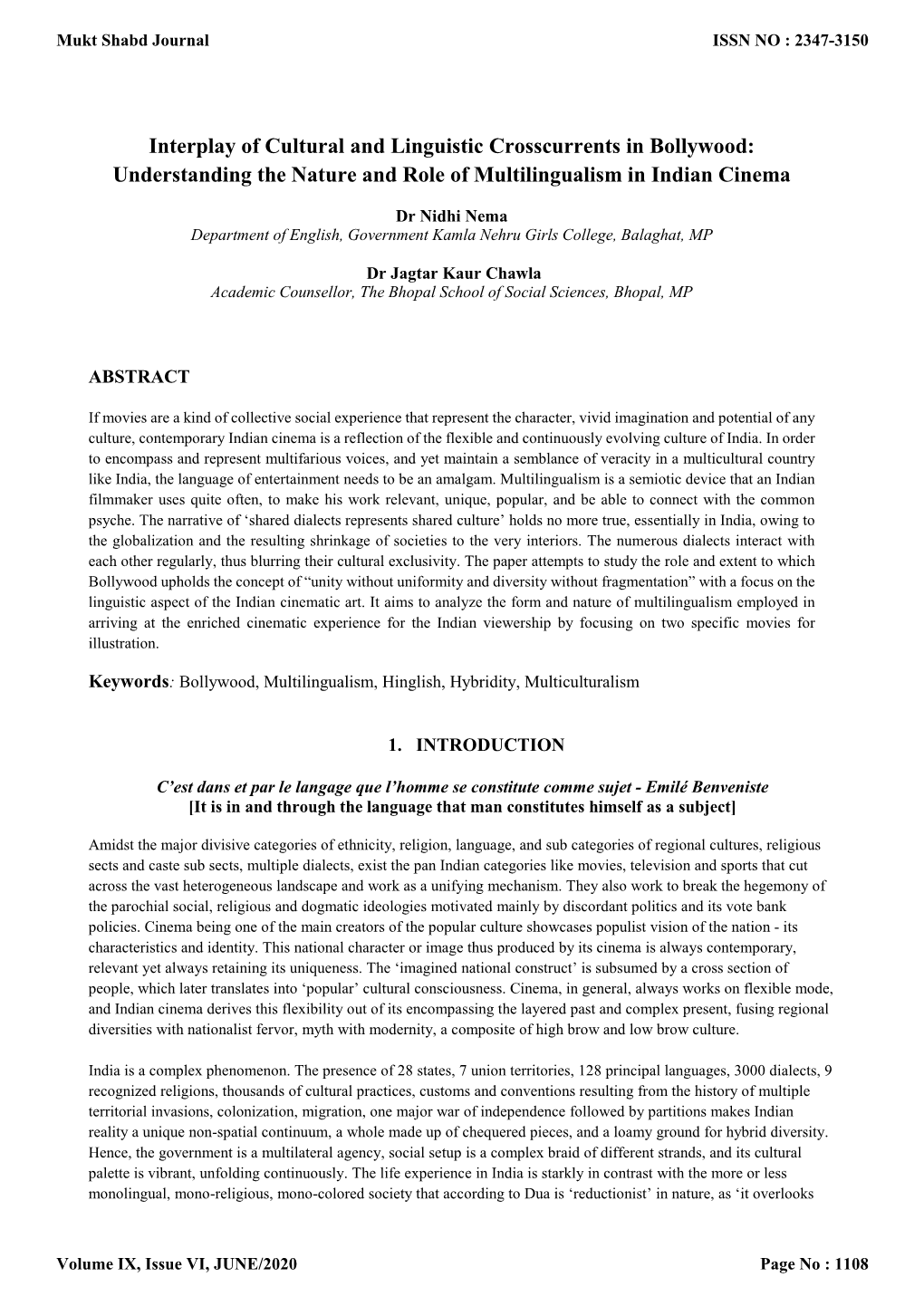 Interplay of Cultural and Linguistic Crosscurrents in Bollywood: Understanding the Nature and Role of Multilingualism in Indian Cinema