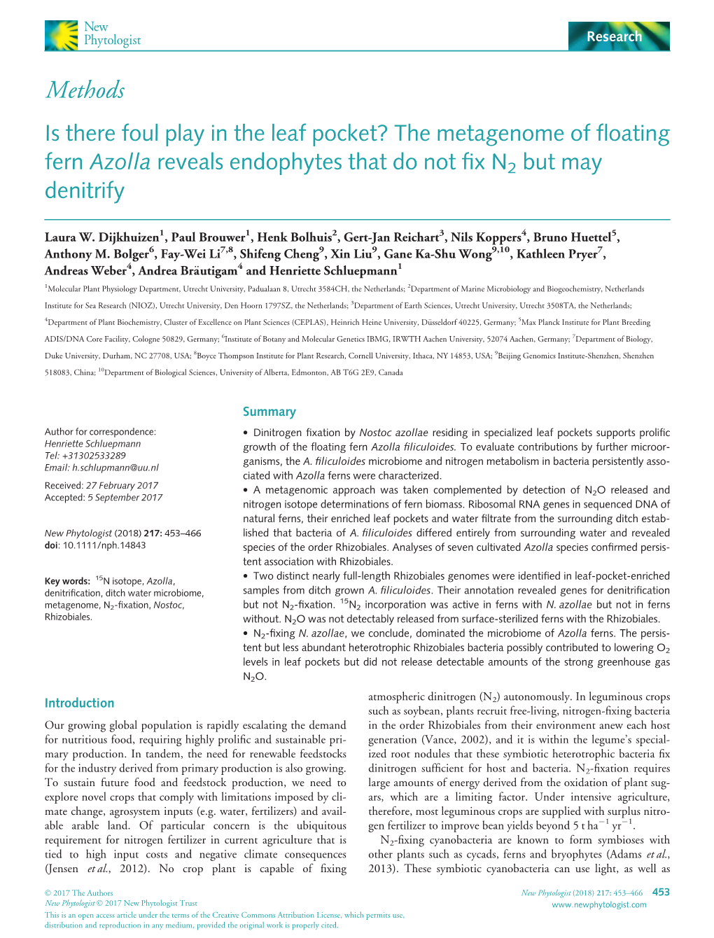 Is There Foul Play in the Leaf Pocket? the Metagenome of Floating Fern Azolla Reveals Endophytes That Do Not Fix N2 but May Deni