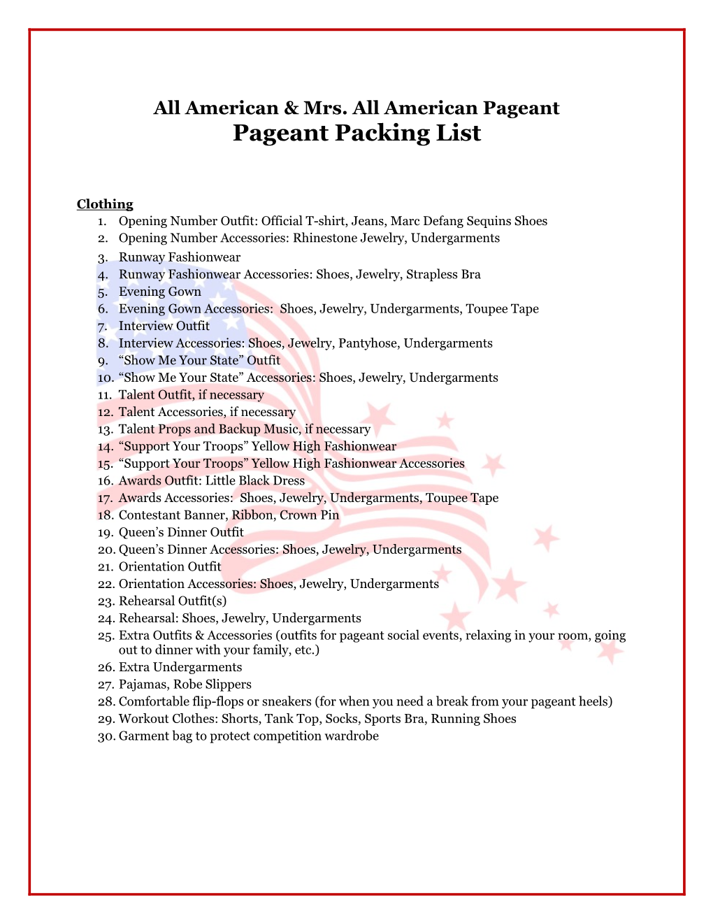 Pageant Packing List