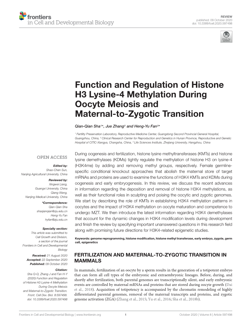 Function and Regulation of Histone H3 Lysine-4 Methylation During Oocyte Meiosis and Maternal-To-Zygotic Transition