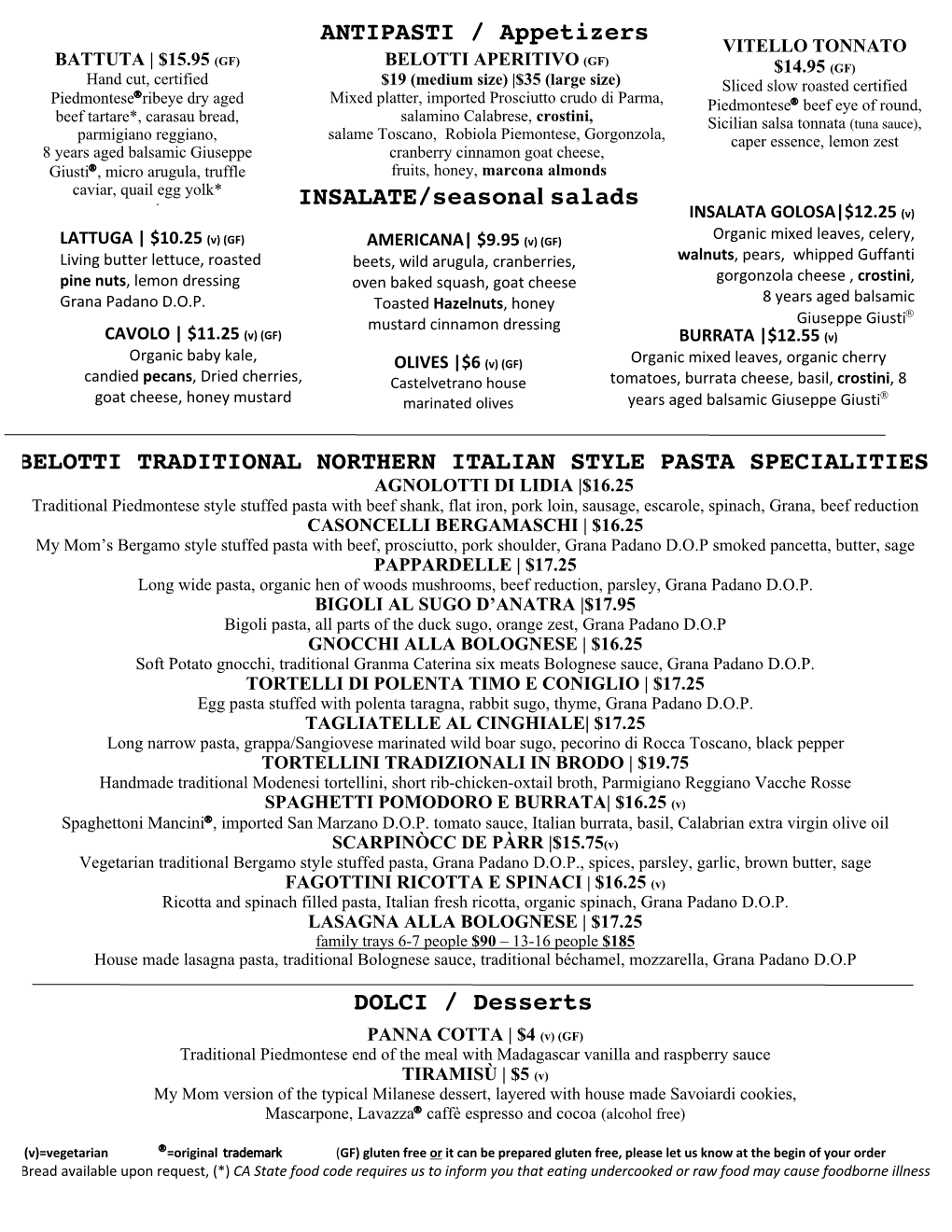 Sept 2019 Bottega Menu