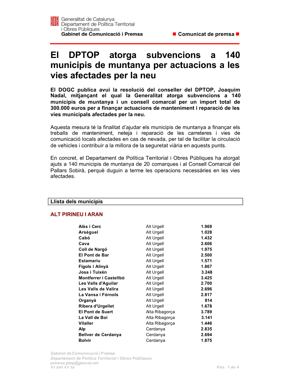 El DPTOP Atorga Subvencions a 140 Municipis De Muntanya Per Actuacions a Les Vies Afectades Per La Neu