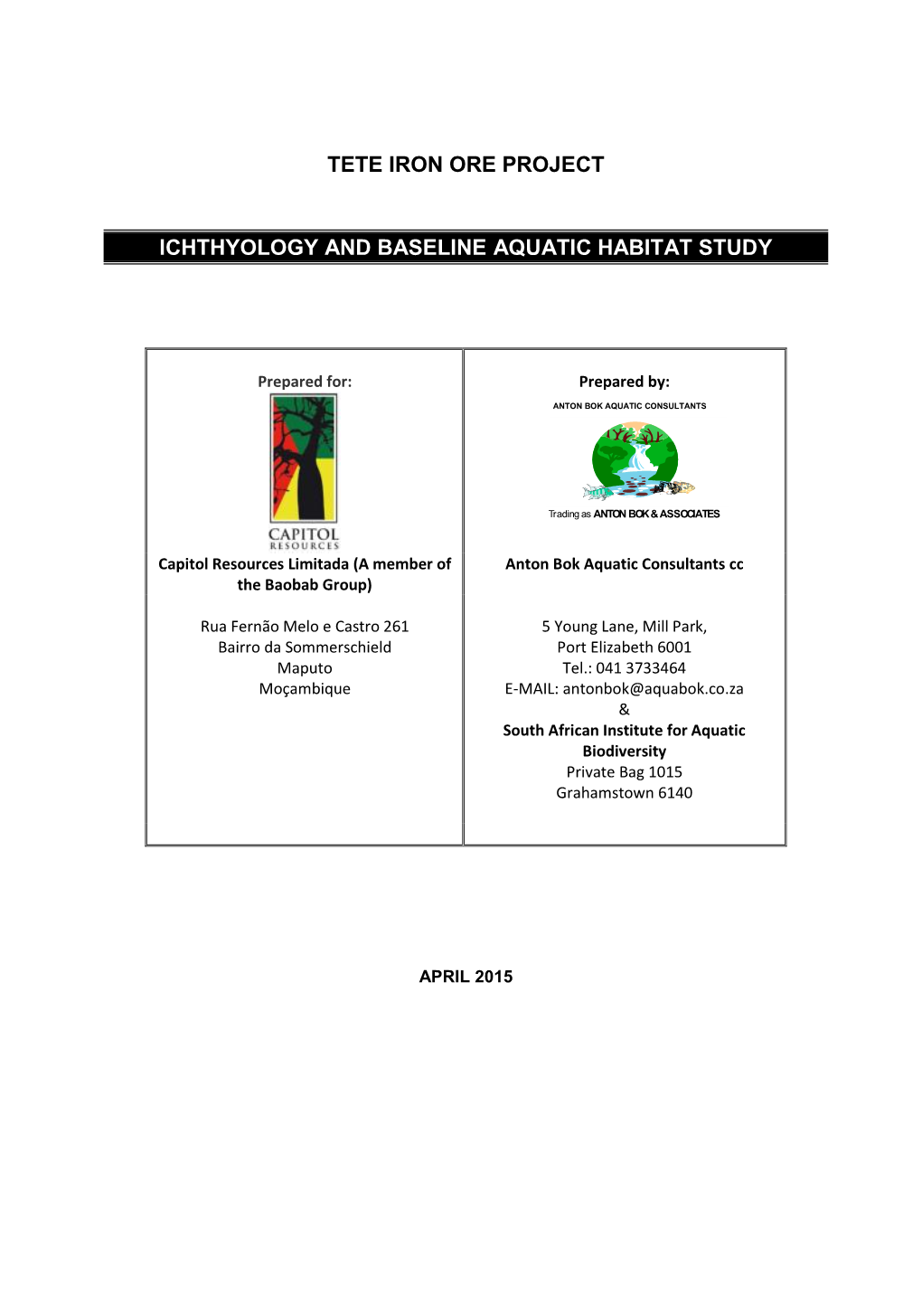 Tete Iron Ore Project Ichthyology and Baseline