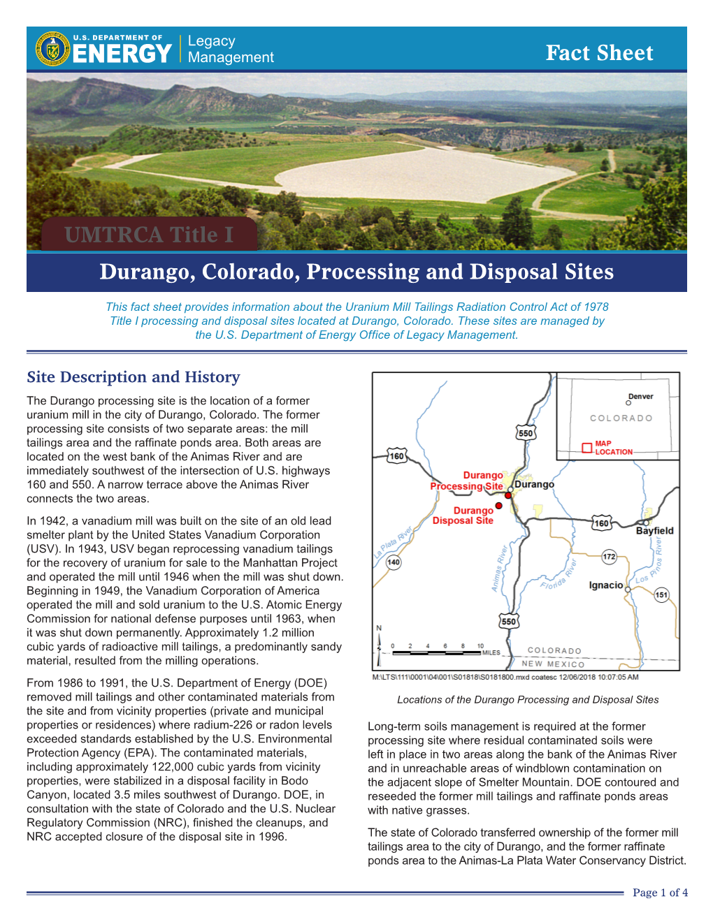 Durango, Colorado, Processing and Disposal Sites Fact Sheet