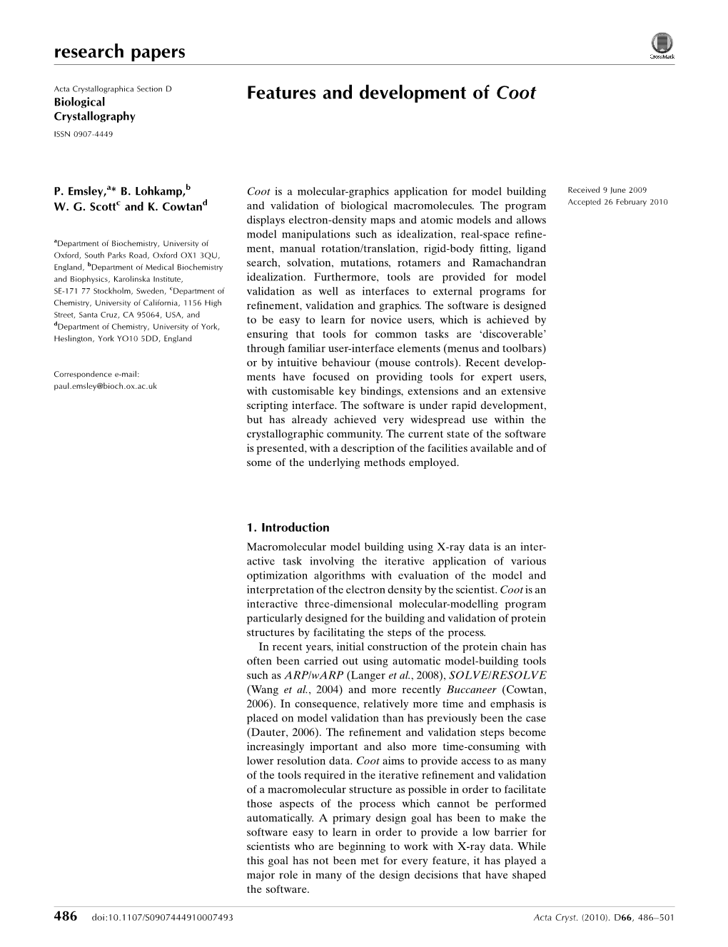 Features and Development of Coot Crystallography ISSN 0907-4449