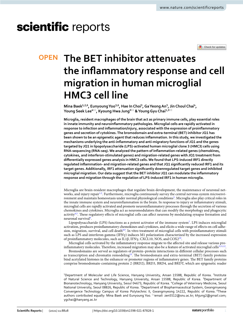The BET Inhibitor Attenuates the Inflammatory Response and Cell