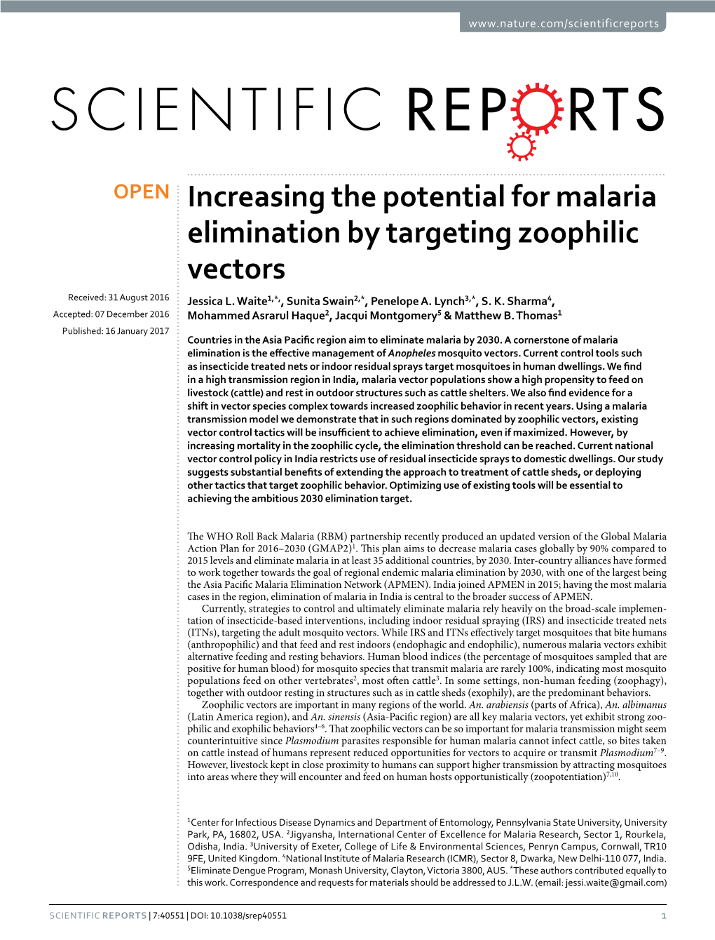 Increasing the Potential for Malaria Elimination by Targeting Zoophilic Vectors Received: 31 August 2016 Jessica L
