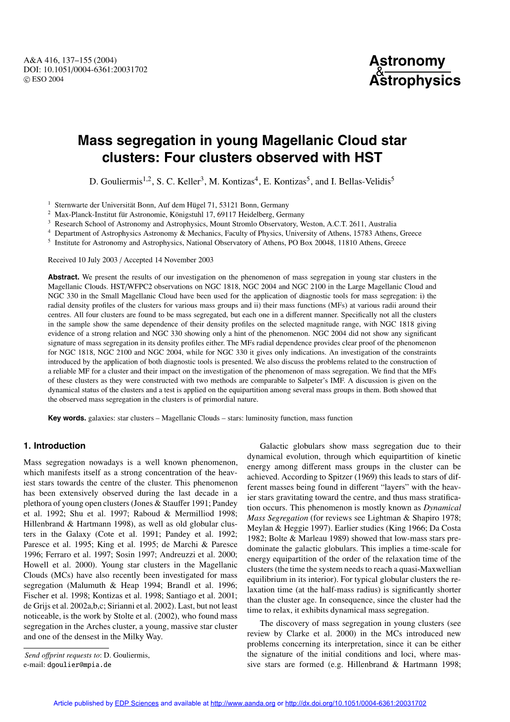 Mass Segregation in Young Magellanic Cloud Star Clusters: Four Clusters Observed with HST