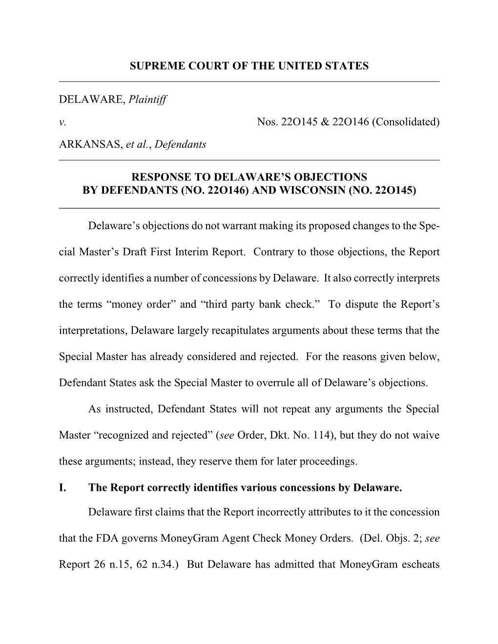 Defendant States' Response to Delaware's Objections
