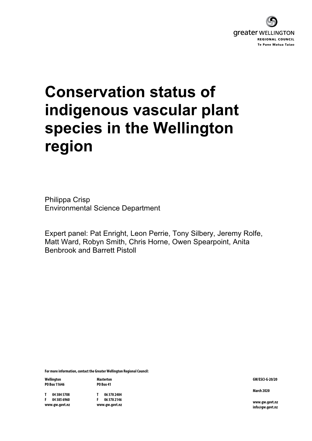 Conservation Status of Indigenous Vascular Plant Species in the Wellington Region