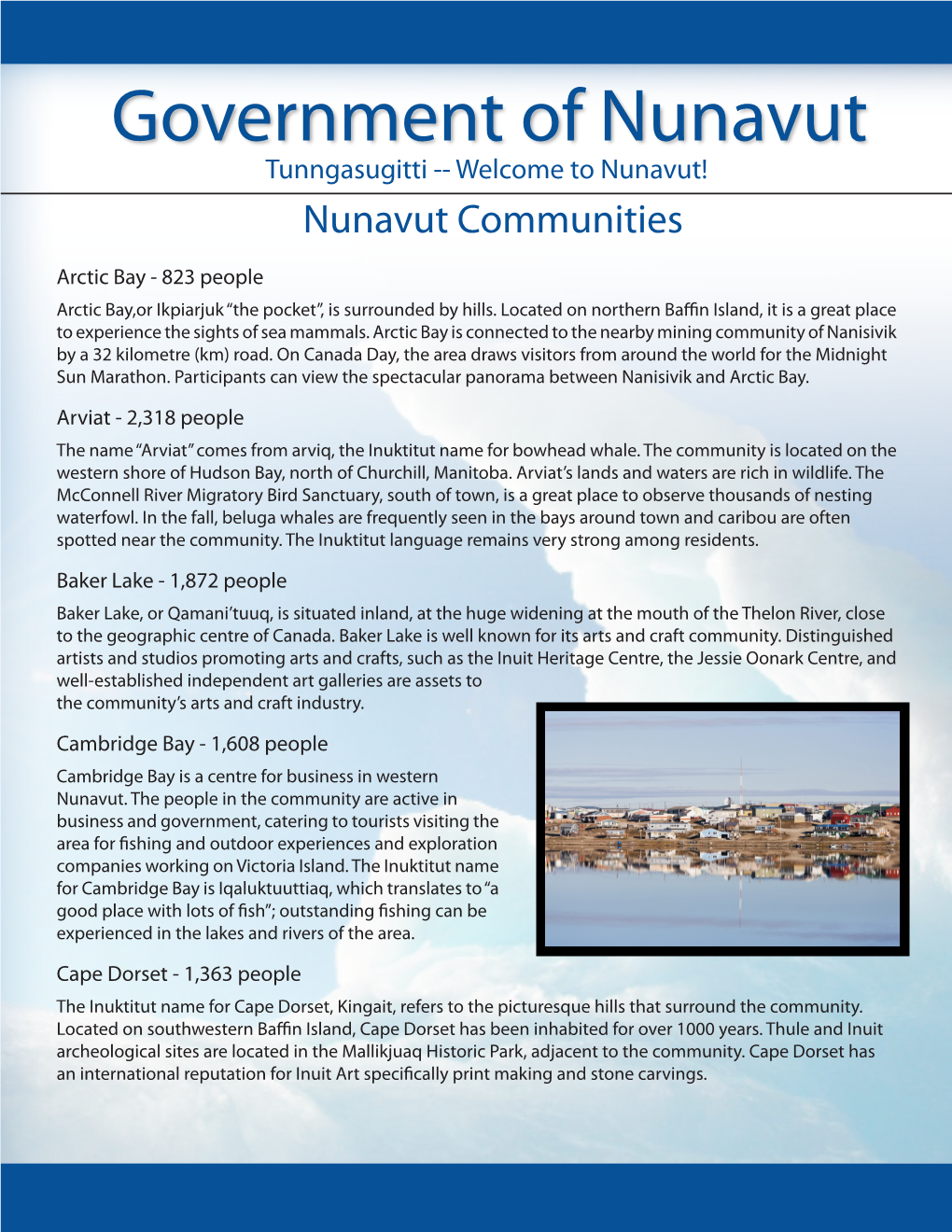 Government of Nunavut Tunngasugitti -- Welcome to Nunavut! Nunavut Communities