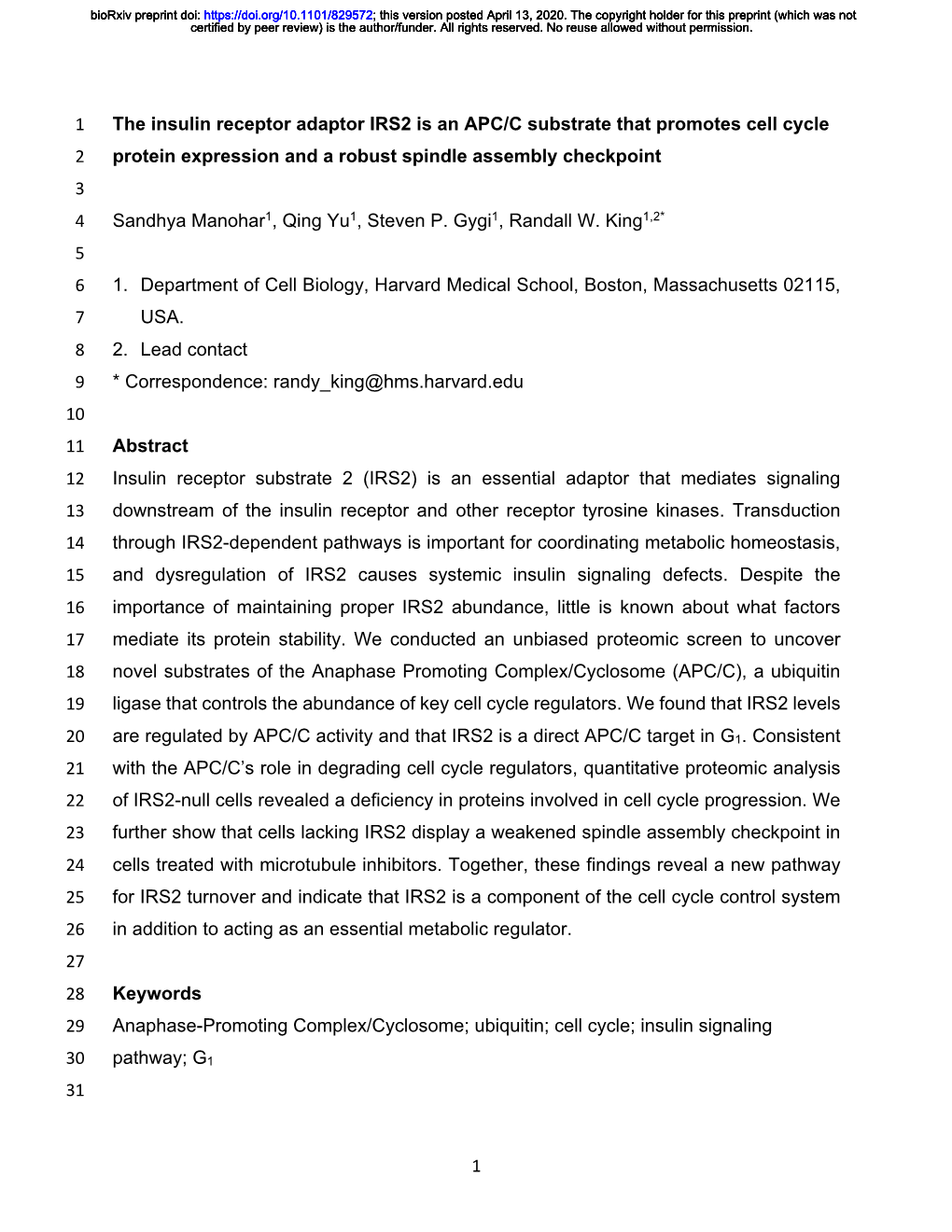 1 the Insulin Receptor Adaptor IRS2 Is an APC/C Substrate That Promotes