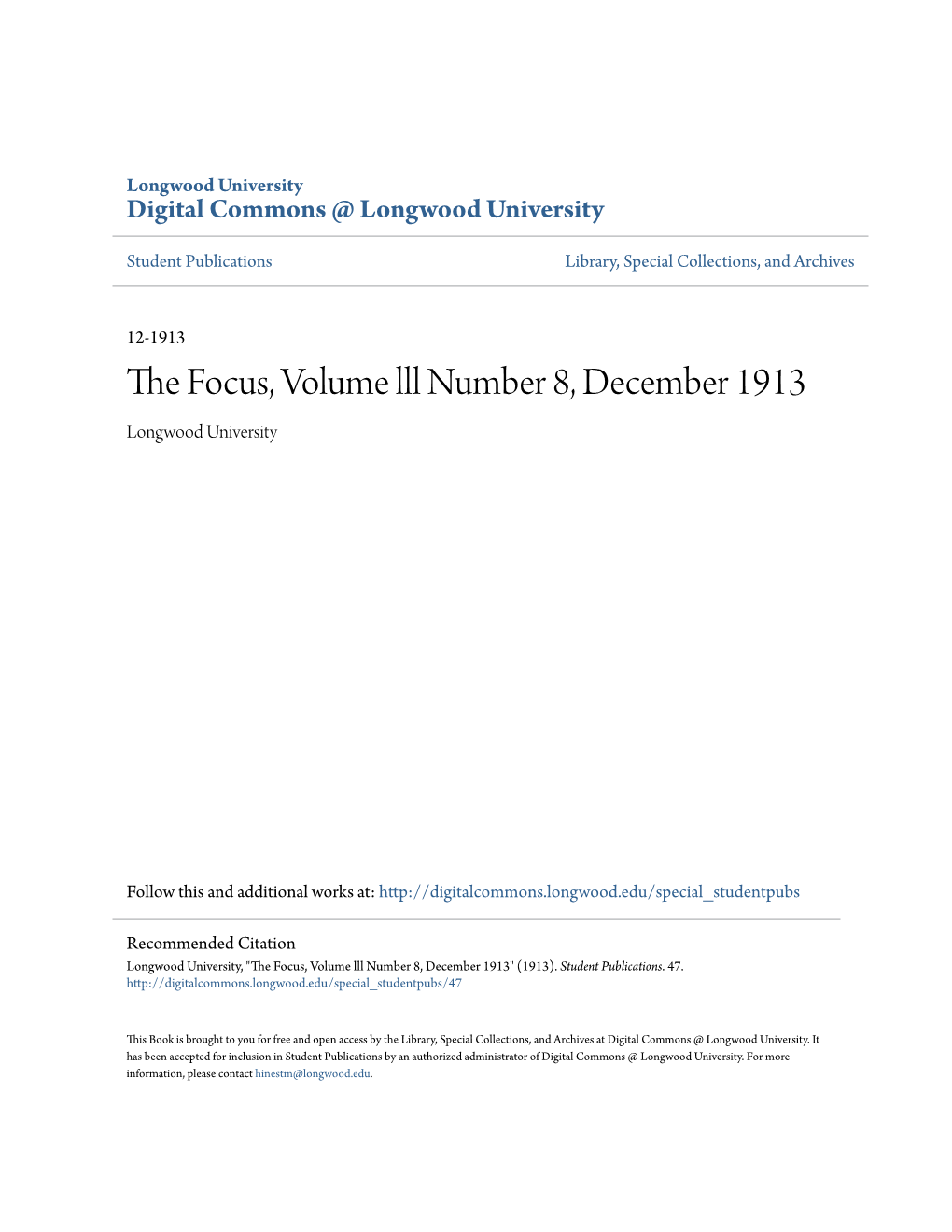 The Focus, Volume Lll Number 8, December 1913