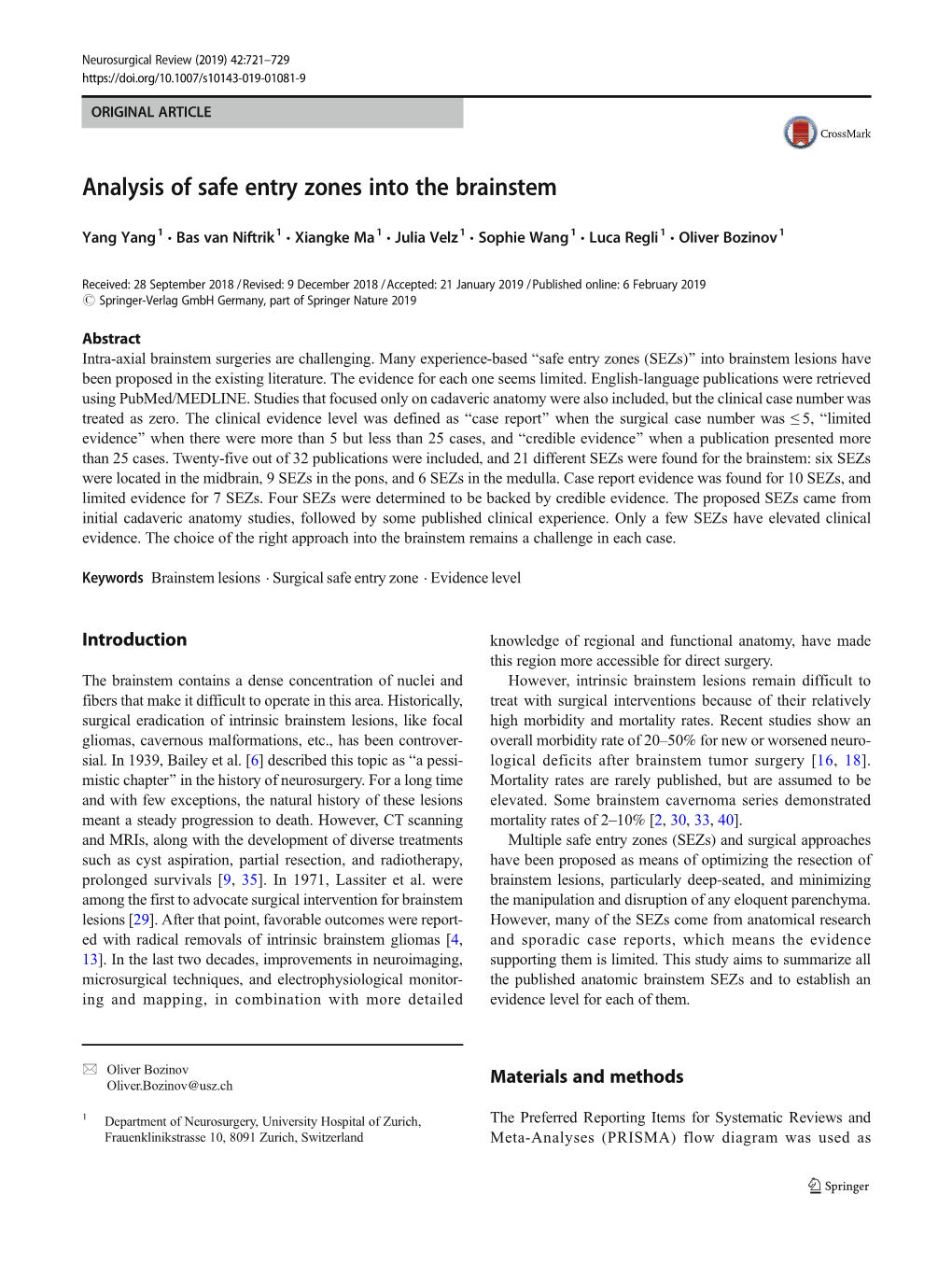 Analysis of Safe Entry Zones Into the Brainstem