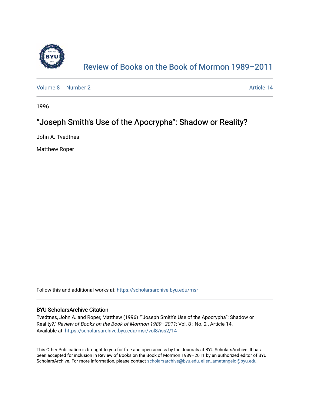 “Joseph Smith's Use of the Apocrypha”: Shadow Or Reality?