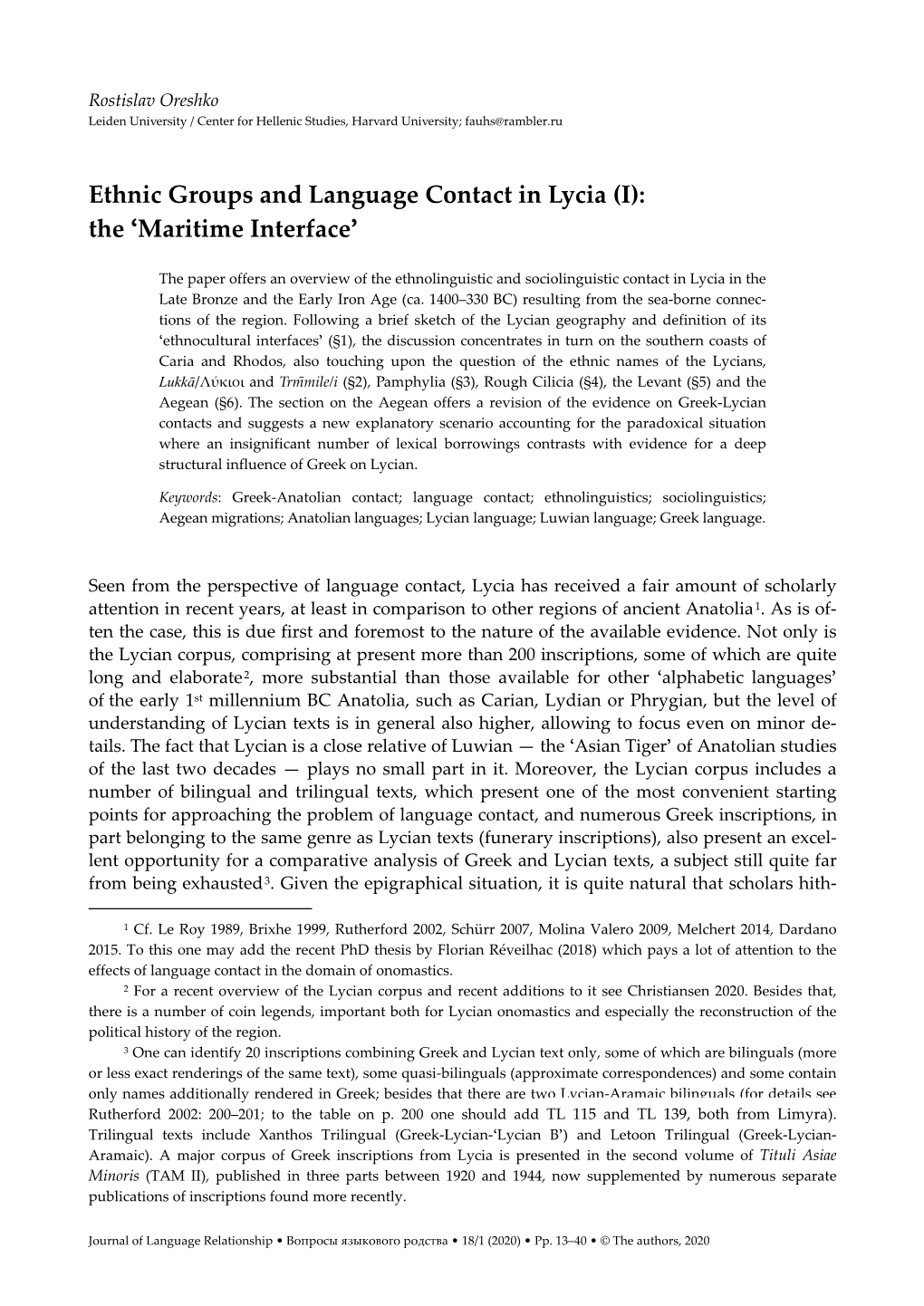 Ethnic Groups and Language Contact in Lycia (I): the ‘Maritime Interface’