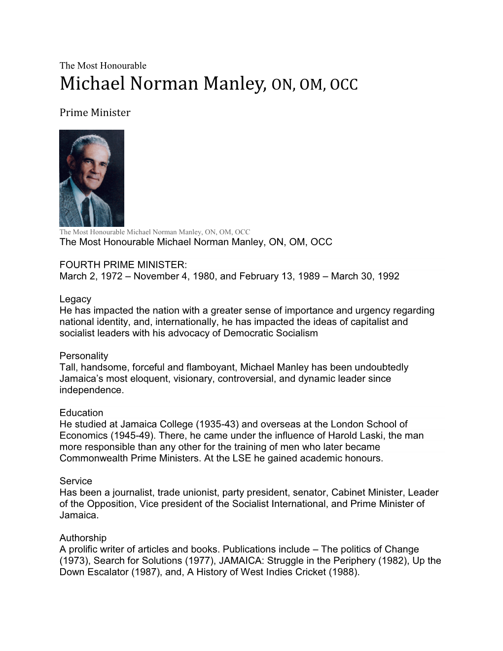 Michael Norman Manley, ON, OM, OCC