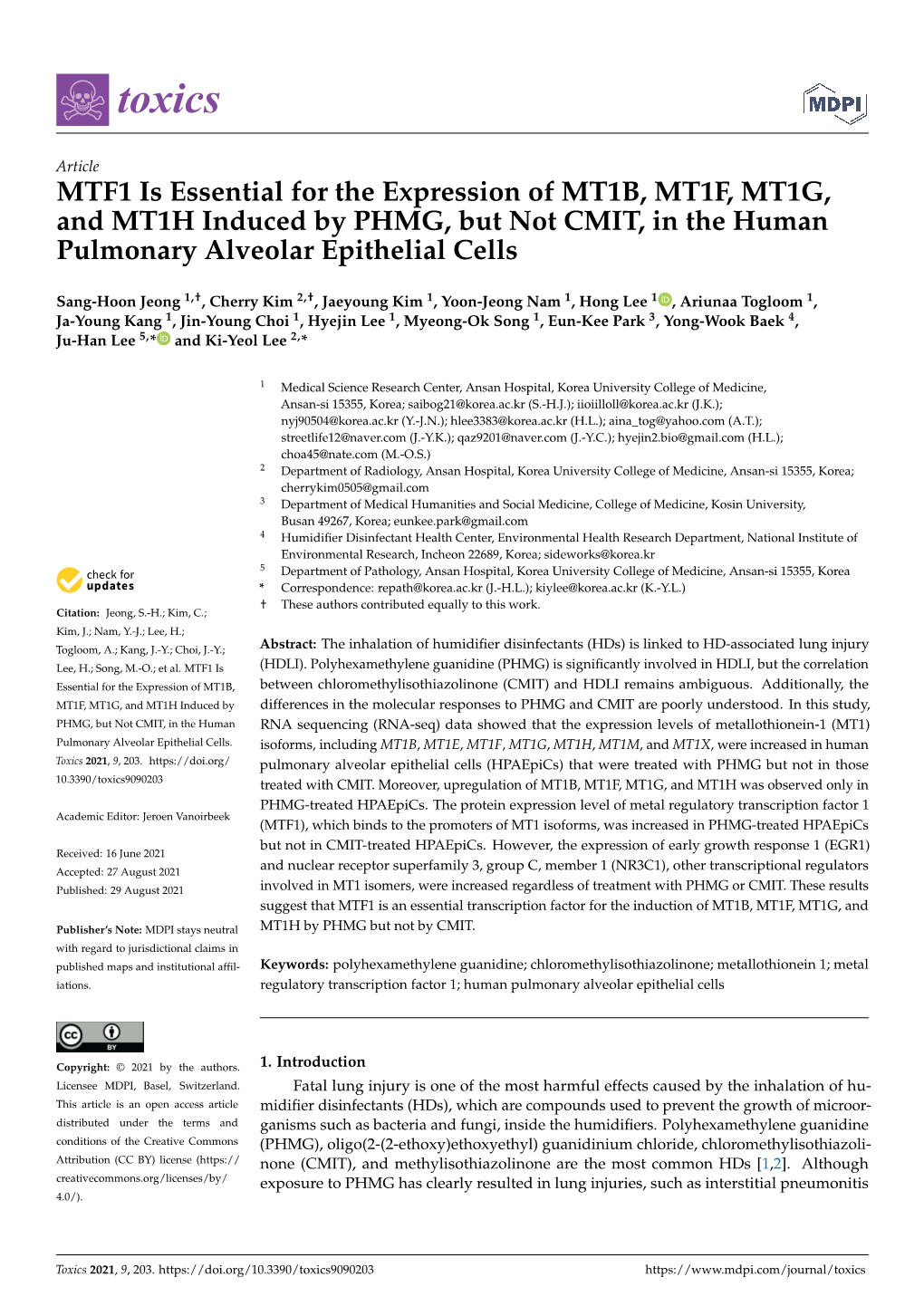 MTF1 Is Essential for the Expression of MT1B, MT1F, MT1G, and MT1H Induced by PHMG, but Not CMIT, in the Human Pulmonary Alveolar Epithelial Cells