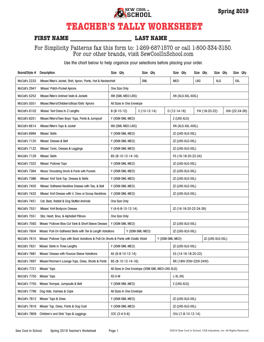 Teacher's Tally Worksheet