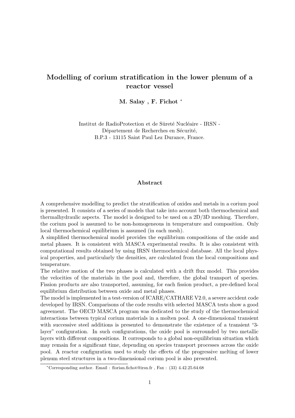 Modelling of Corium Stratification in the Lower Plenum of a Reactor Vessel