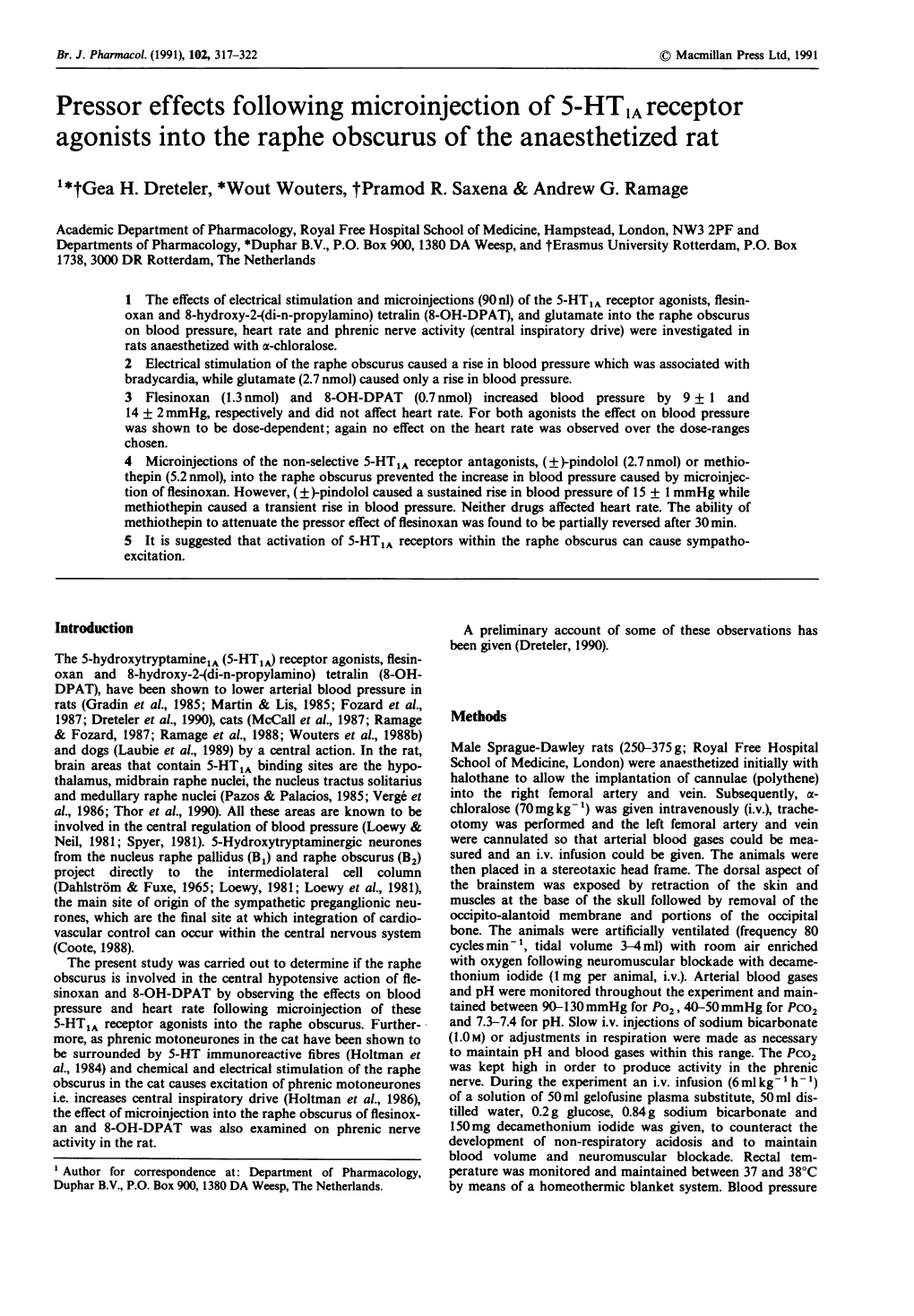 Pressor Effectsfollowing Microinjectionof 5-Htareceptor