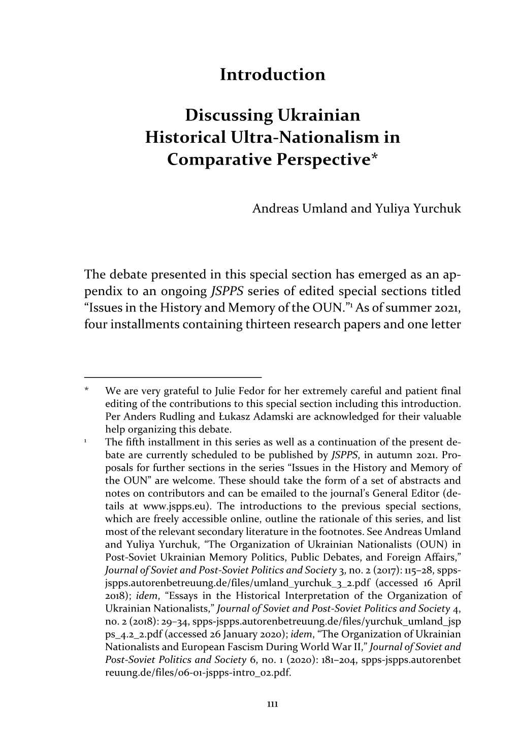 Introduction Discussing Ukrainian Historical Ultra-Nationalism in Comparative Perspective