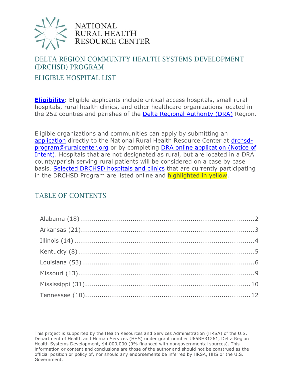 Delta Region Community Health Systems Development (Drchsd) Program Eligible Hospital List