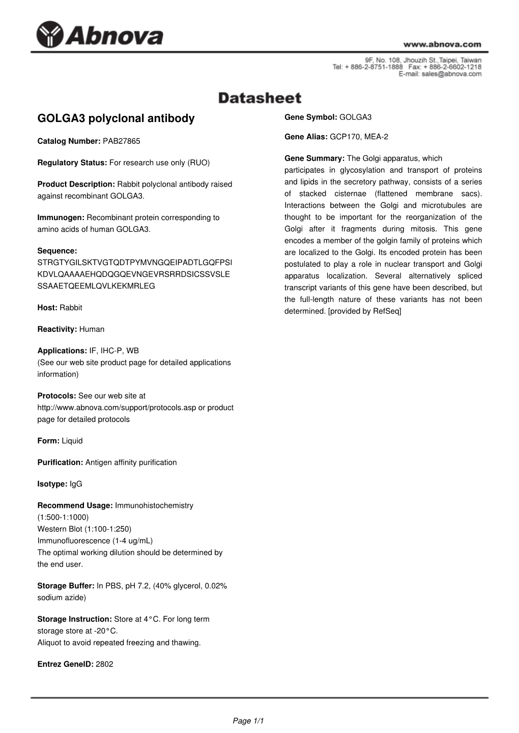 GOLGA3 Polyclonal Antibody Gene Symbol: GOLGA3