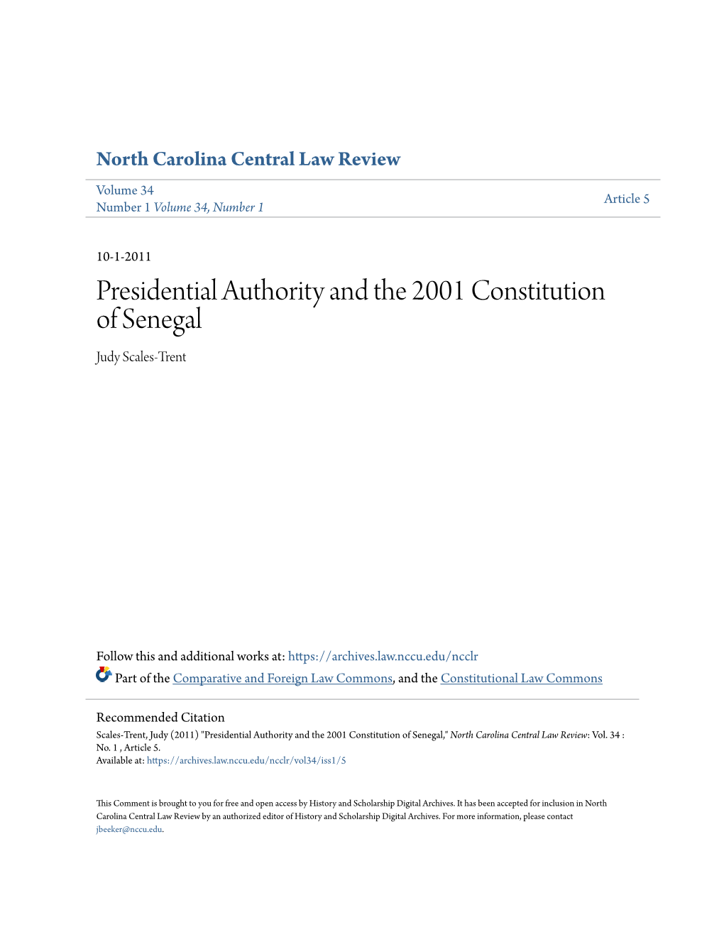 Presidential Authority and the 2001 Constitution of Senegal Judy Scales-Trent