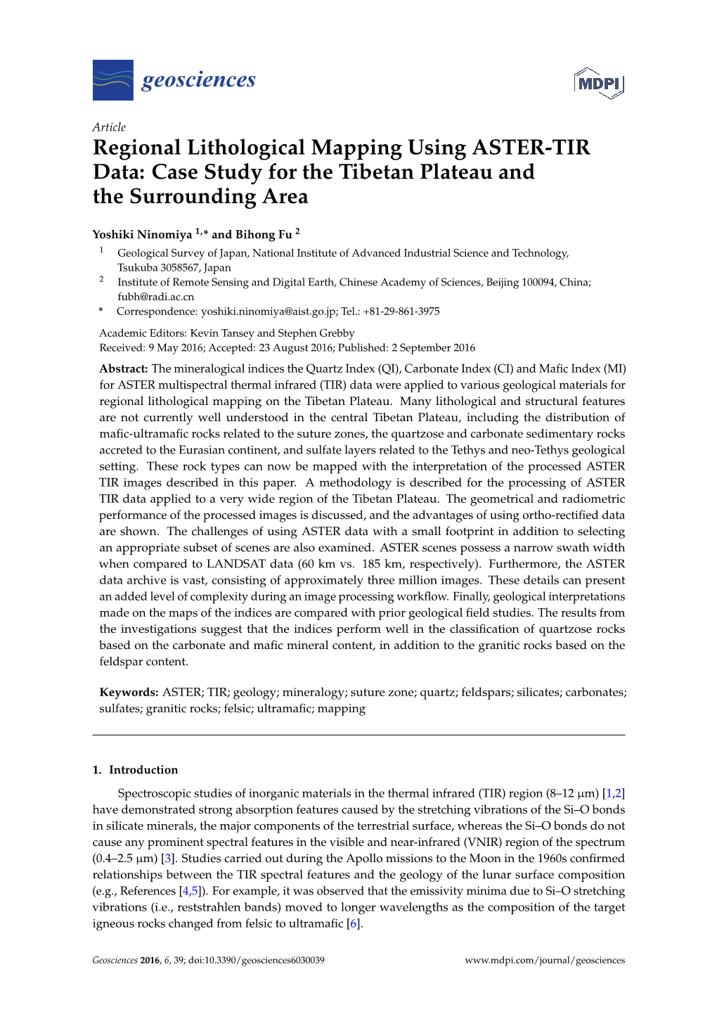 Regional Lithological Mapping Using ASTER-TIR Data: Case Study for the Tibetan Plateau and the Surrounding Area