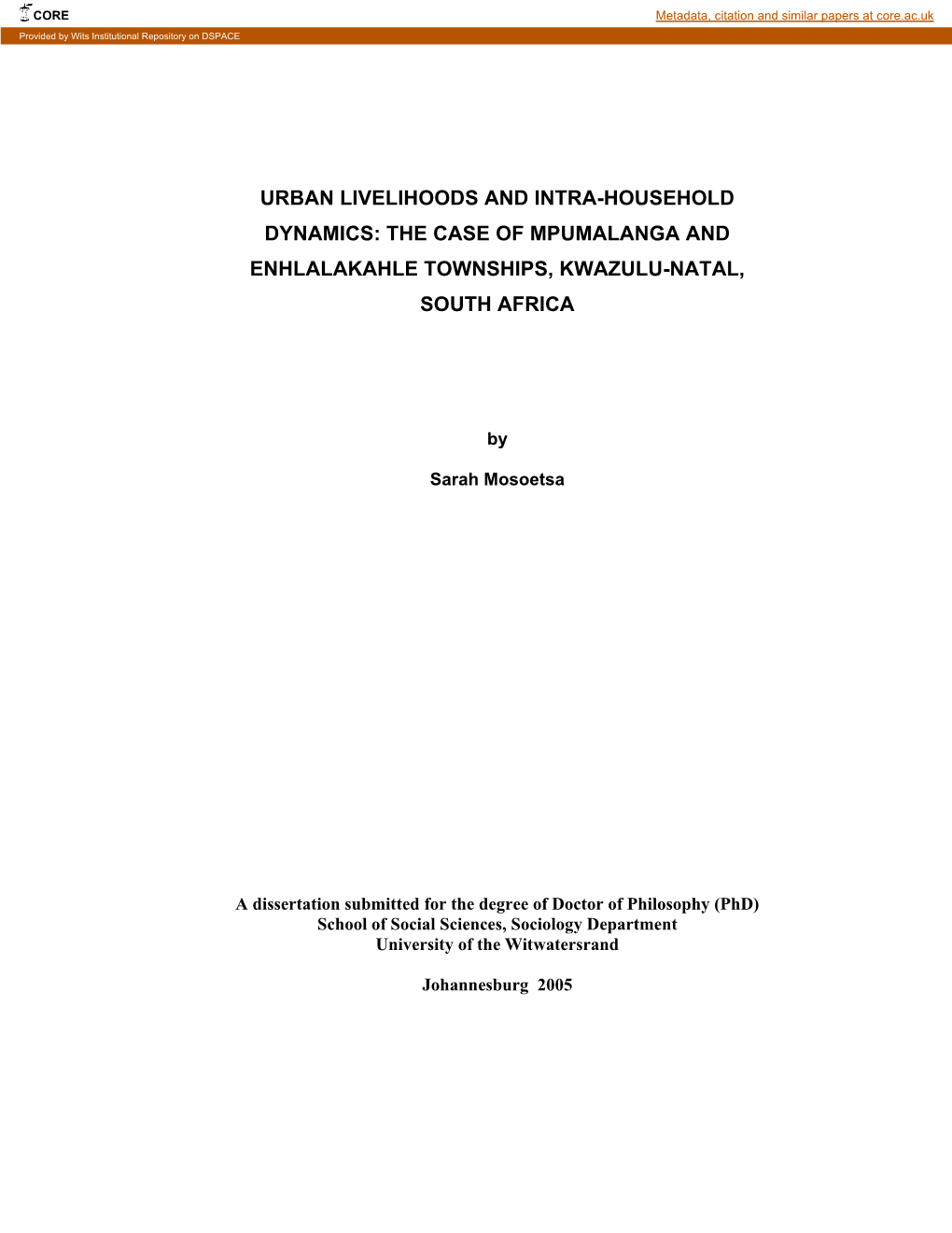 Urban Livelihoods and Intra-Household Dynamics: the Case of Mpumalanga and Enhlalakahle Townships, Kwazulu-Natal, South Africa