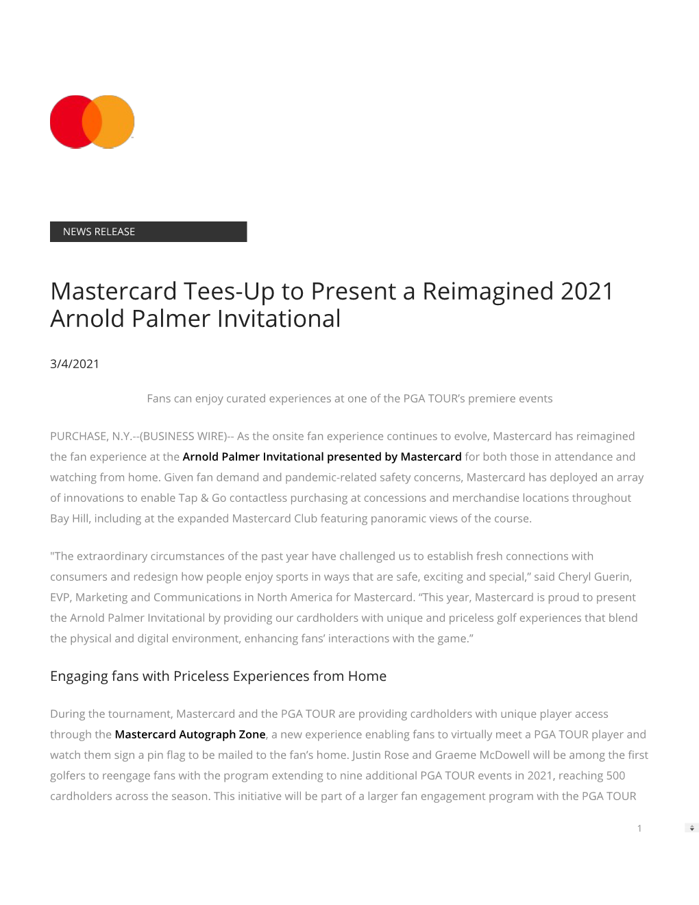 Mastercard Tees-Up to Present a Reimagined 2021 Arnold Palmer Invitational