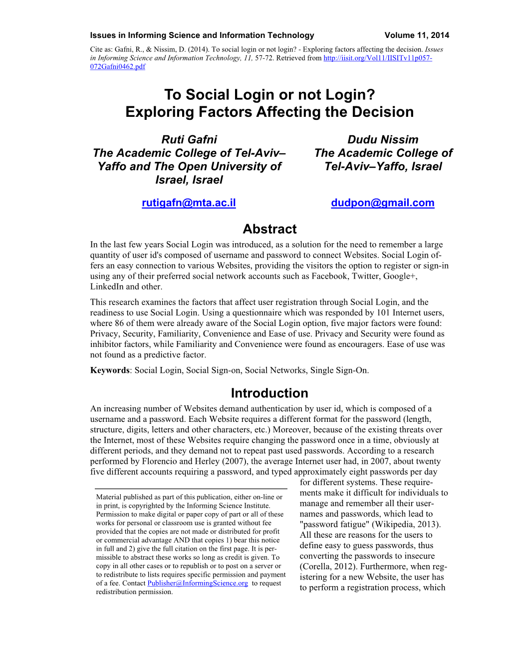 To Social Login Or Not Login? - Exploring Factors Affecting the Decision