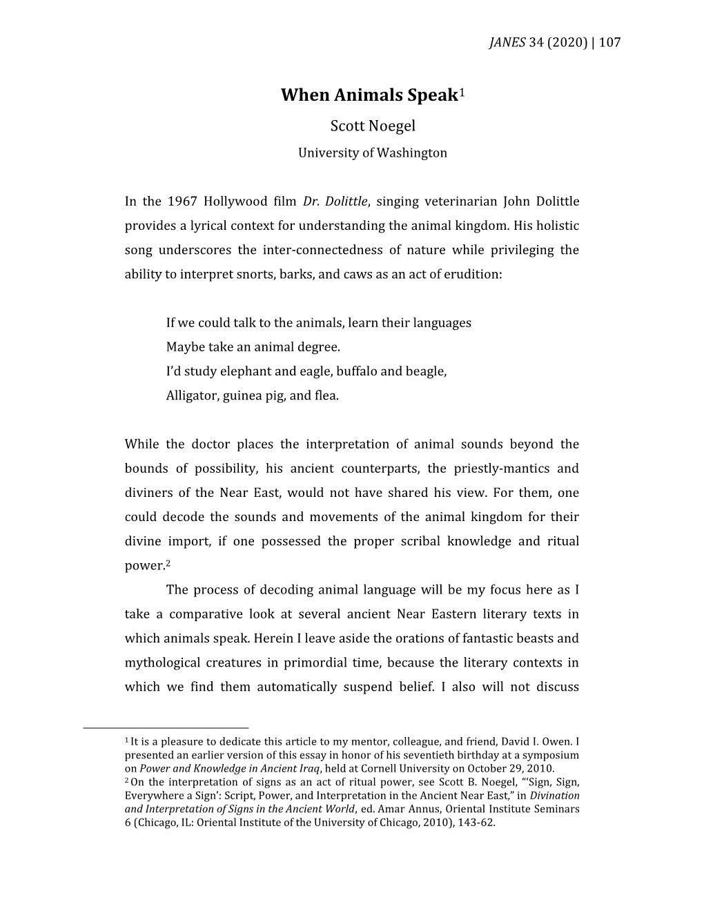 When Animals Speak1 Scott Noegel University of Washington