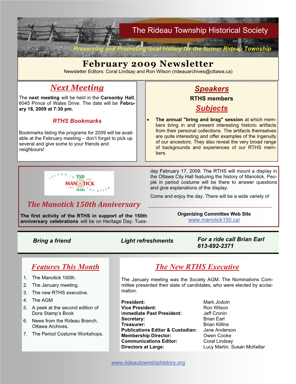 February 2009 Newsletter Newsletter Editors: Coral Lindsay and Ron Wilson (Rideauarchives@Ottawa.Ca)