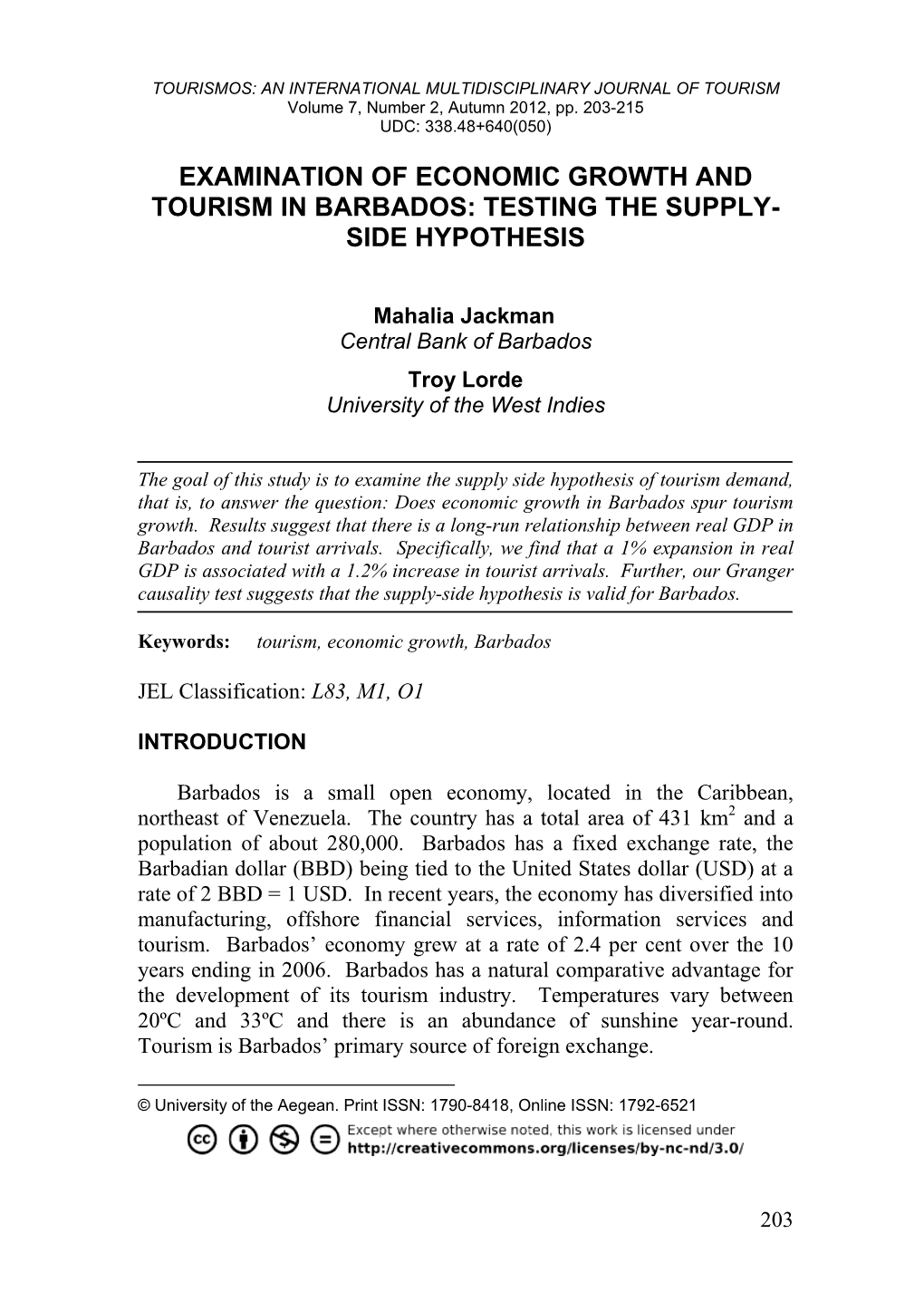 Examination of Economic Growth and Tourism in Barbados: Testing the Supply- Side Hypothesis