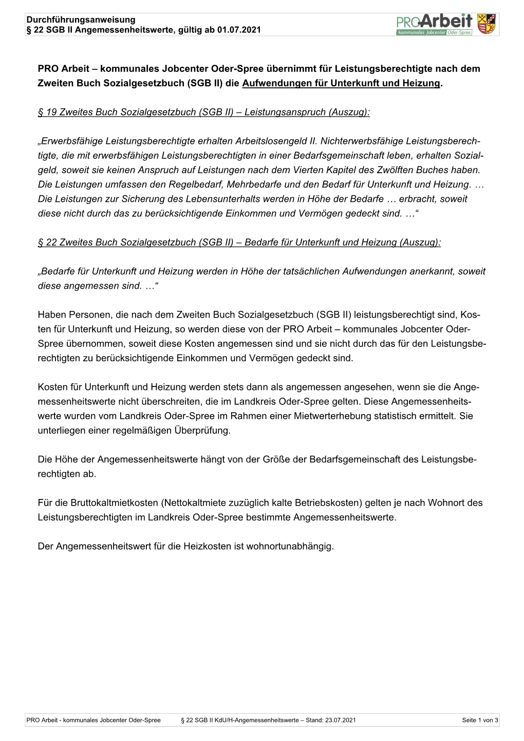 Durchführungsanweisung § 22 SGB II (Angemessenheitswerte)