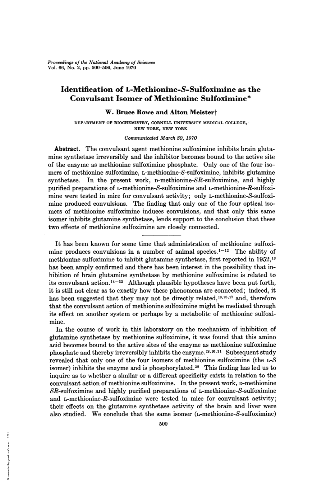 Identification of L-Methionine-S-Sulfoximine As the Convulsant Isomer of Methionine Sulfoximine* W