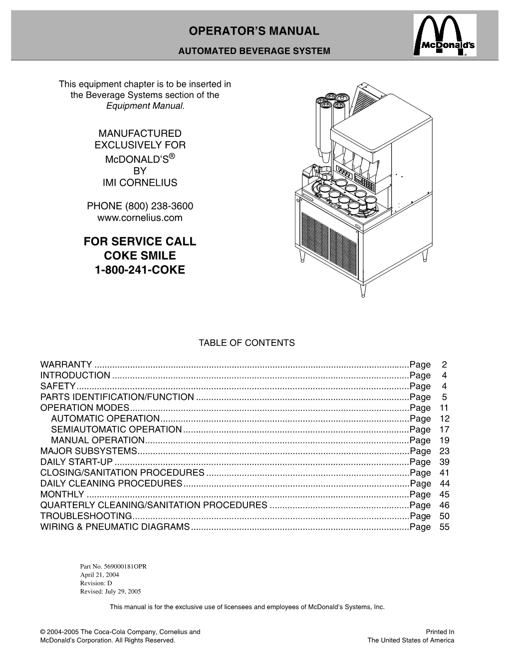 Operator's Manual for Service Call Coke Smile 1